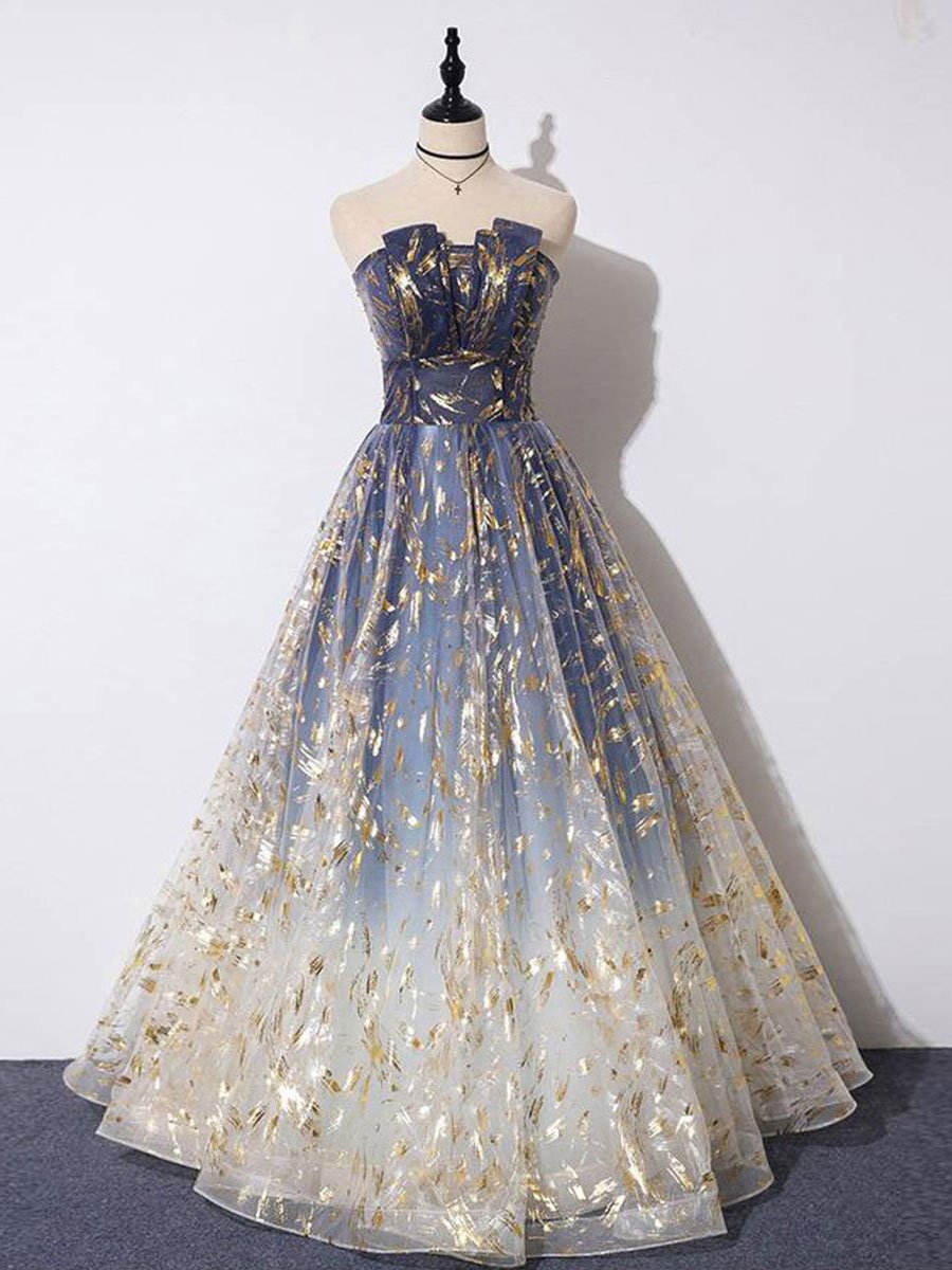 Blue tulle lace long prom dress blue tulle formal dress BD68