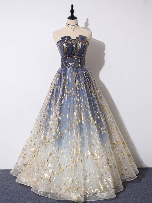 Blue tulle lace long prom dress blue tulle formal dress BD68