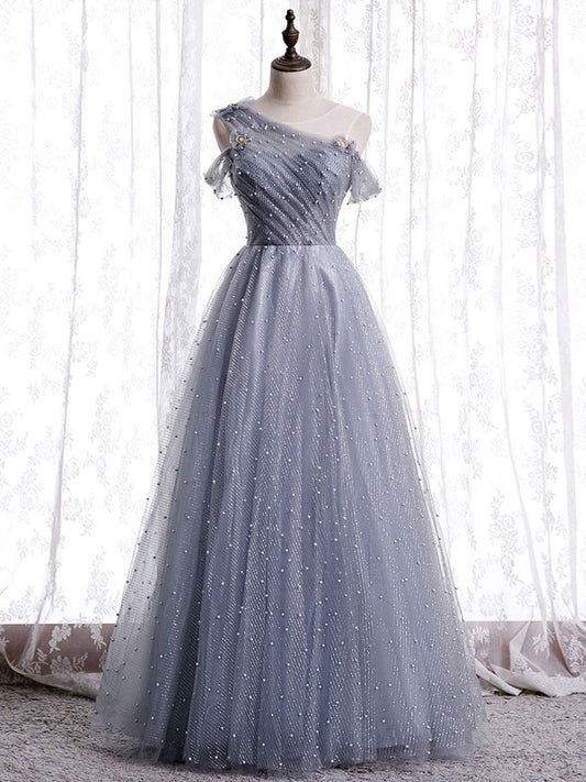 Gray one shoulder tulle long prom dress gray tulle evening dress BD64