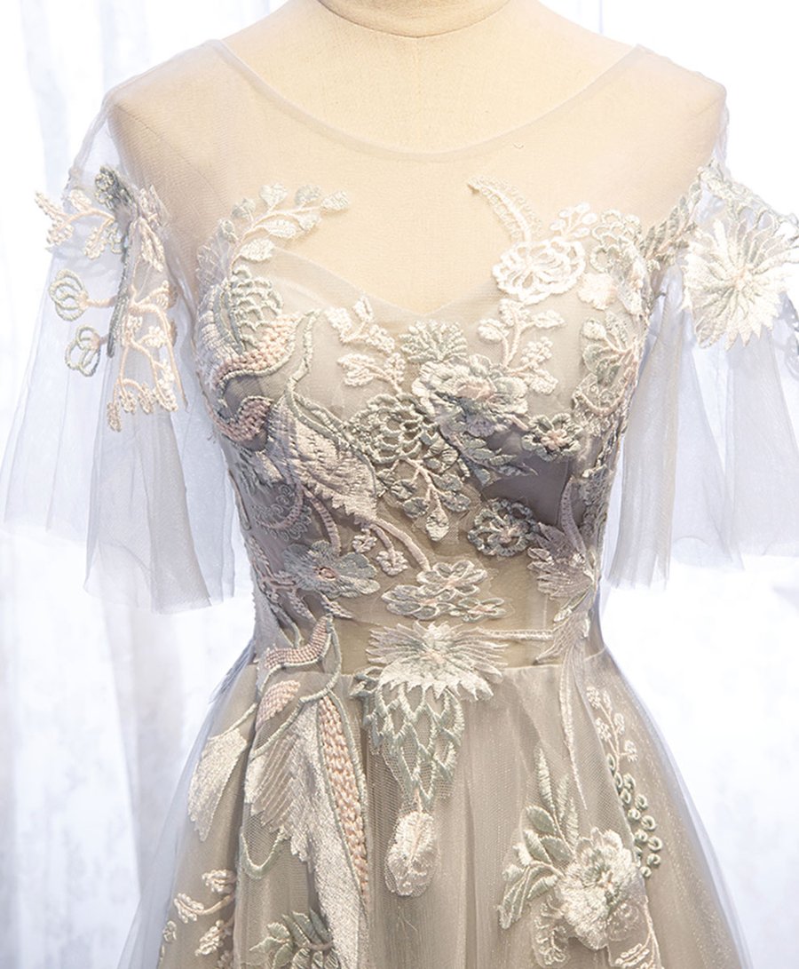 Gray round neck tulle lace long prom dress gray tulle formal dress BD159