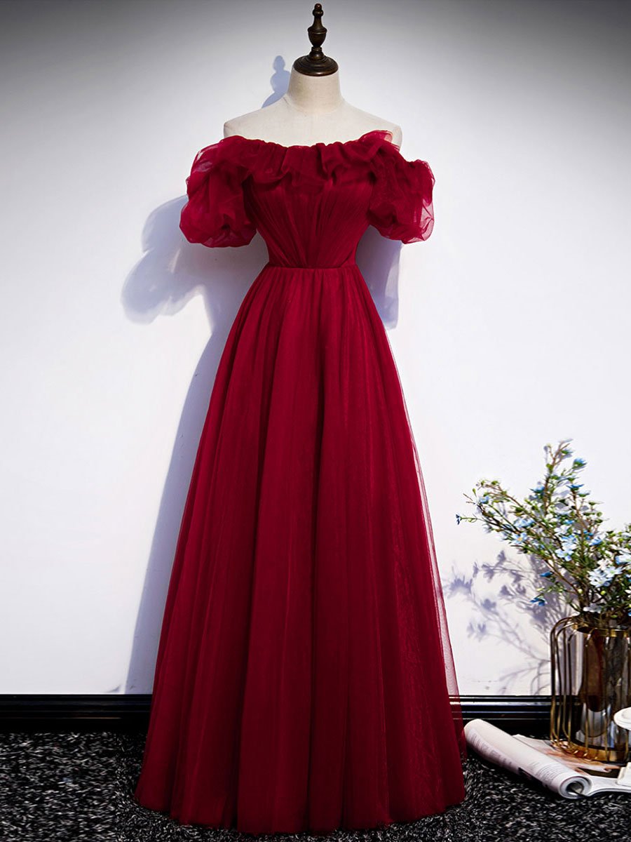 Simple burgundy tulle long prom dress burgundy evening dress BD138