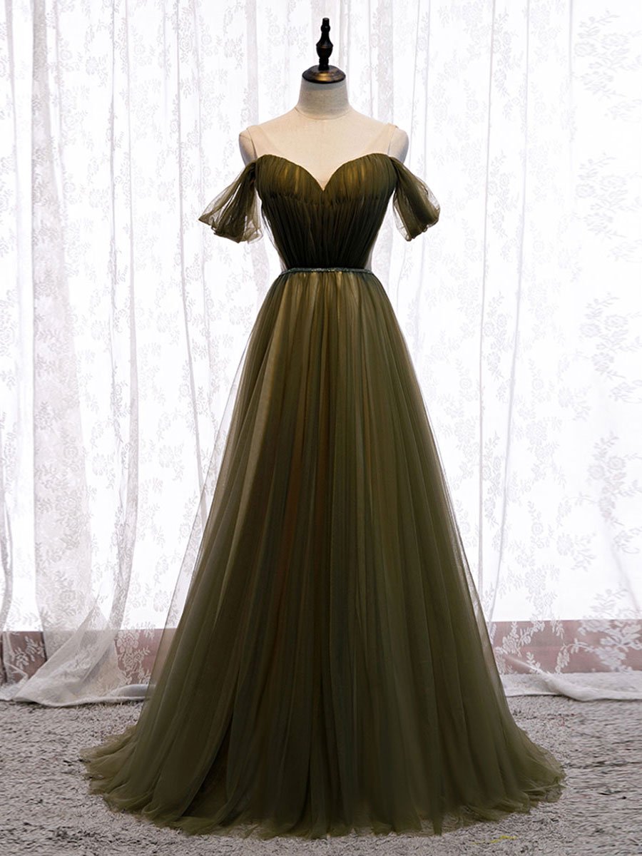 Simple green v neck tulle long prom dress green evening dress BD150