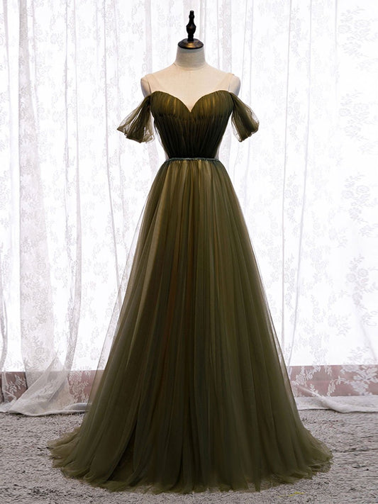 Simple green v neck tulle long prom dress green evening dress BD150