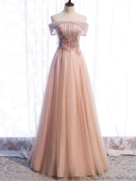 Pink tulle sequin long prom dress pink tulle formal dress BD158