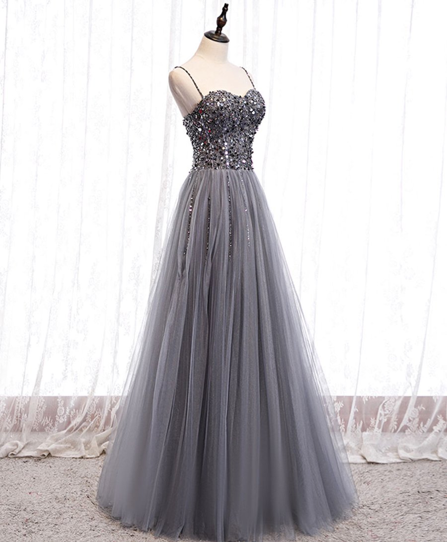 Gray sweetheart neck tulle sequin beads long prom dress BD65