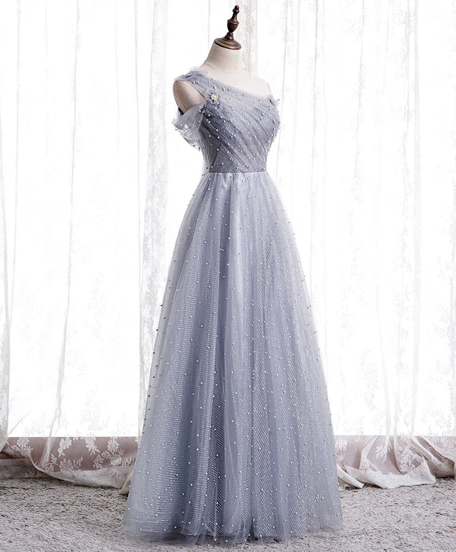 Gray one shoulder tulle long prom dress gray tulle evening dress BD64