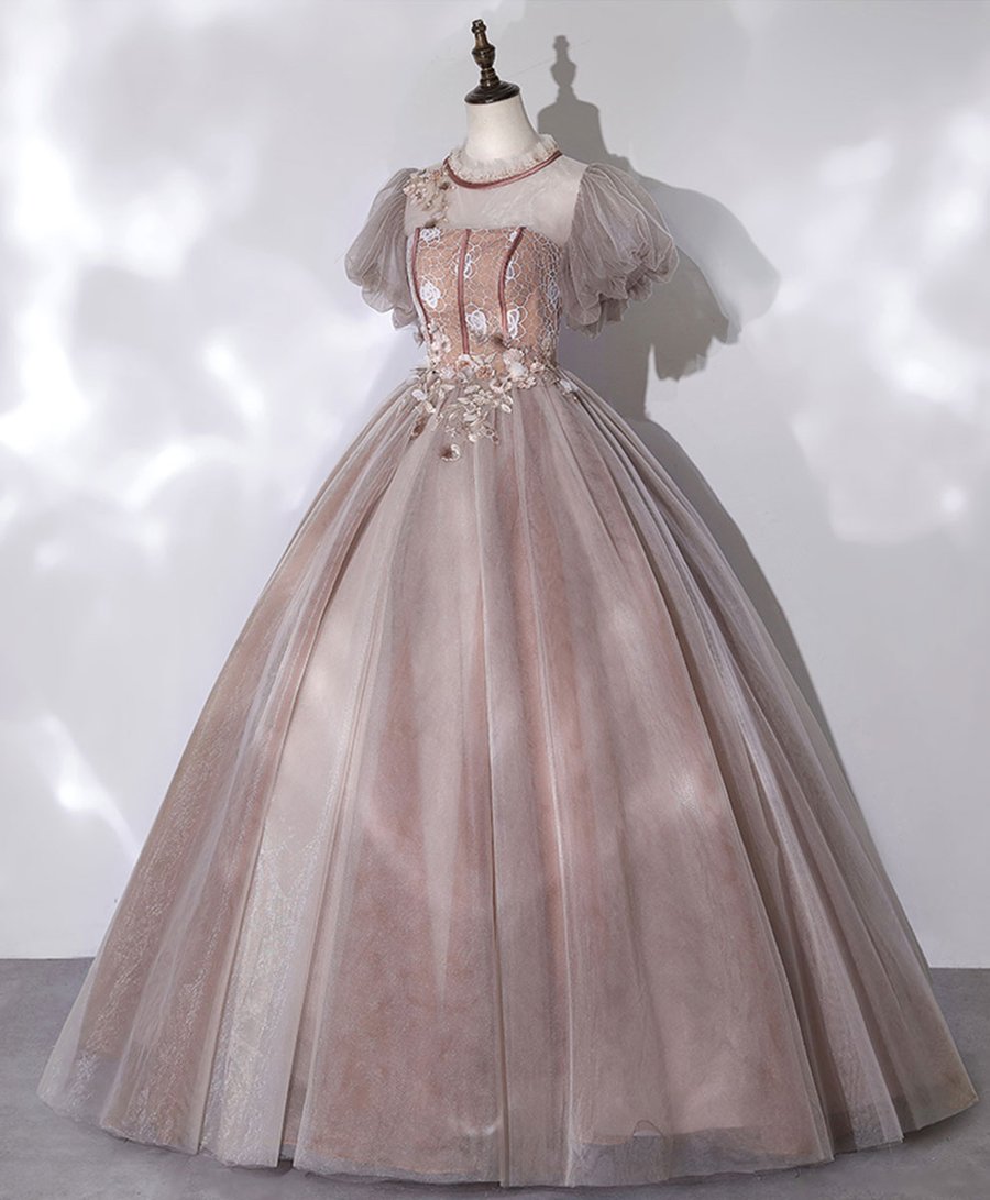 Pink tulle lace long prom dress pink lace prom gown BD54