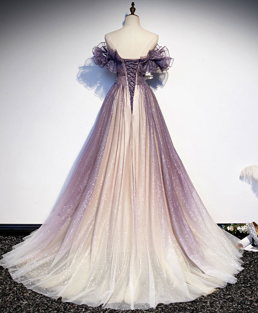 Purple tulle sequin long prom dress purple evening dress BD97