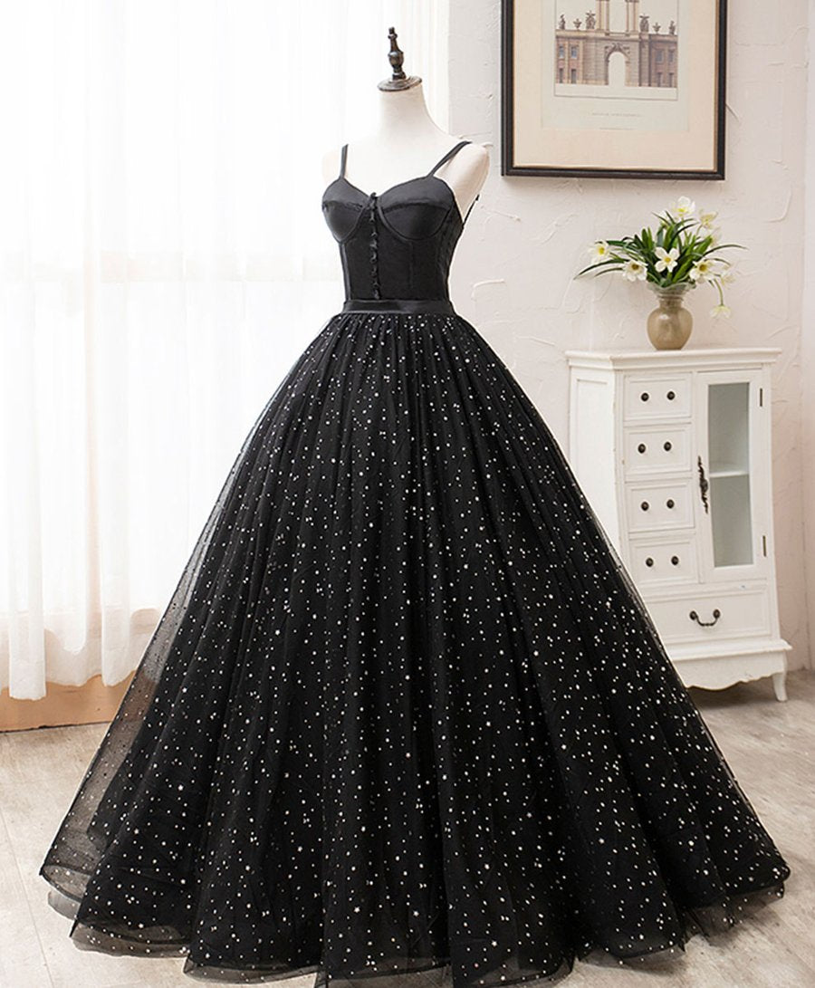Black sweetheart tulle long prom dress black evening dress BD52