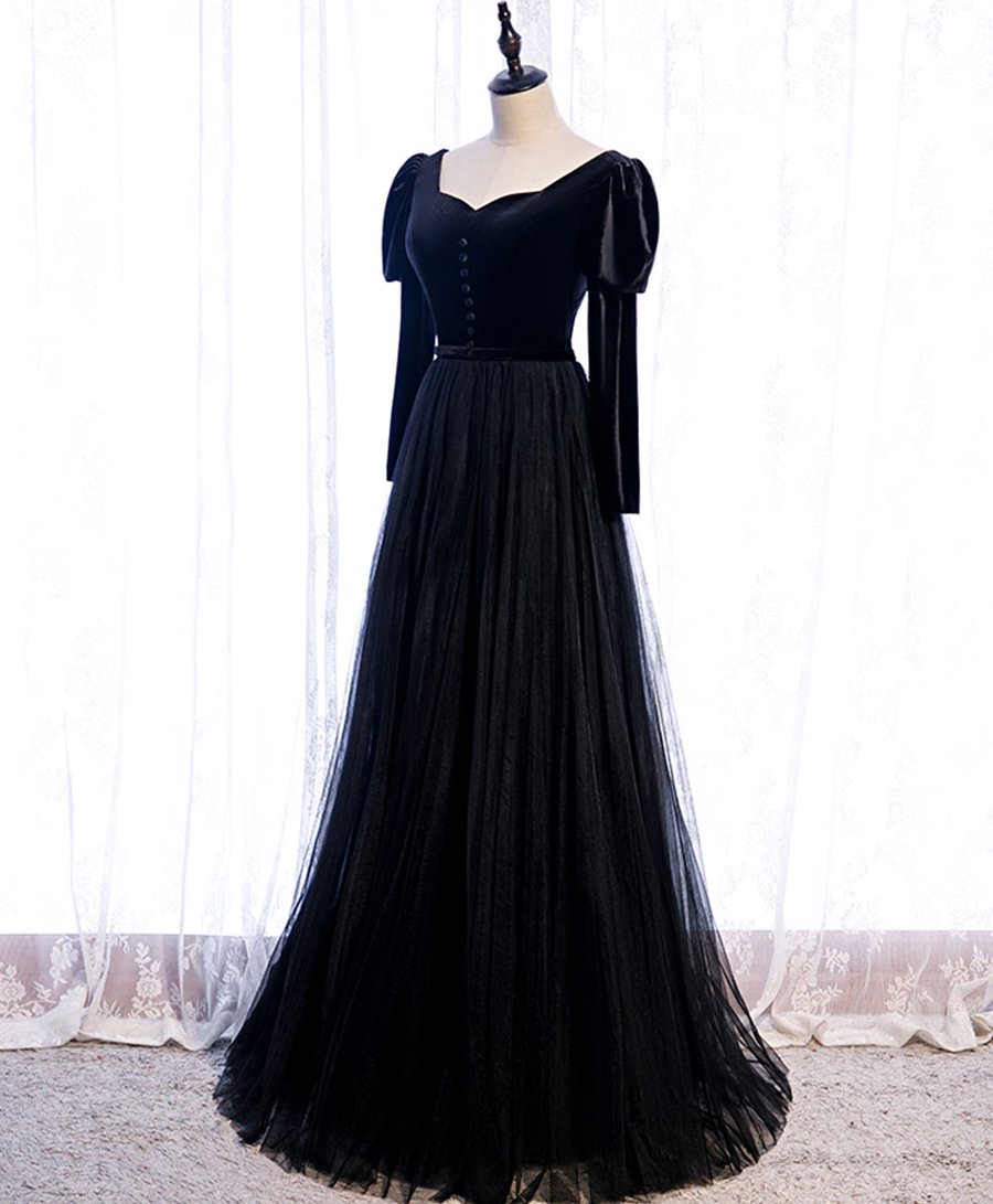Robe de bal longue en satin noir simple, robe de soirée noire BD95