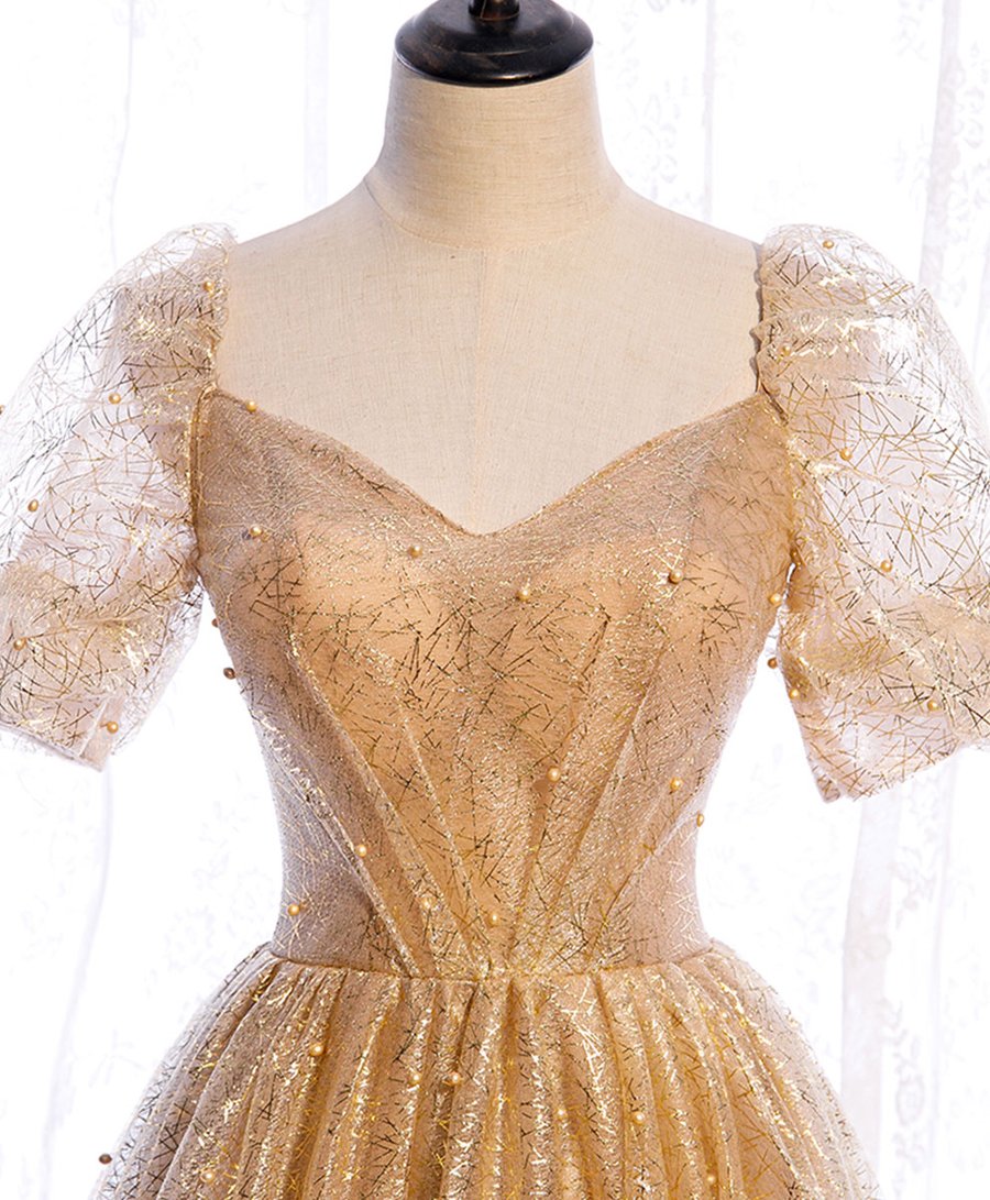 Gold tulle v neck long prom dress gold tulle formal dress BD78