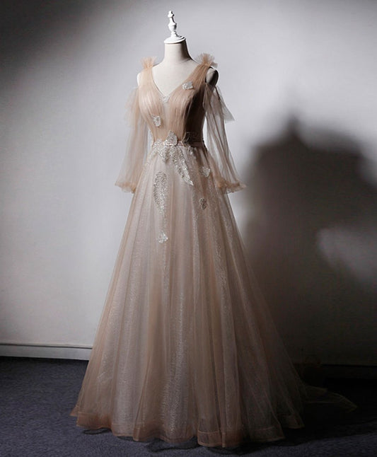 Champagne v neck tulle lace long prom dress champagne evening dress BD117