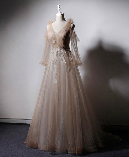 Champagne v neck tulle lace long prom dress champagne evening dress BD117