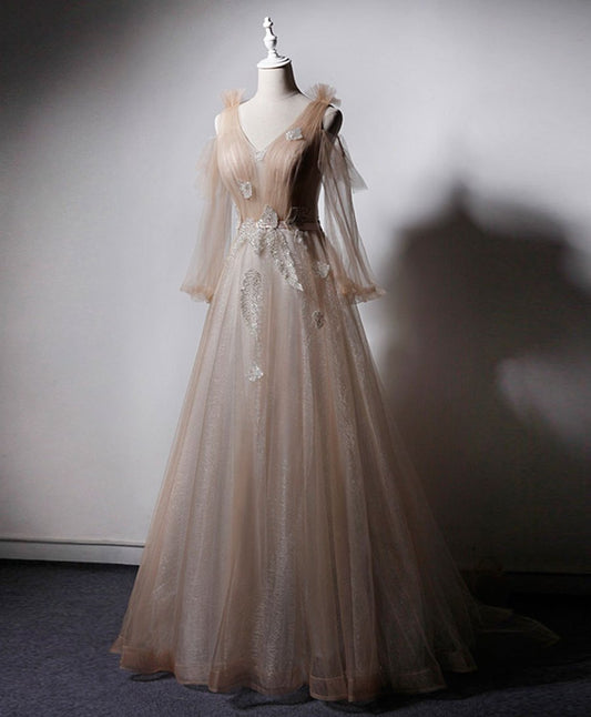 Robe de bal longue en dentelle et tulle, col en v, couleur champagne, robe de soirée BD117