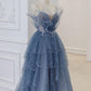 Gray blue tulle sequin beads long prom dress, blue evening dress BD13