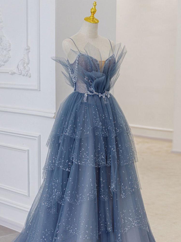 Gray blue tulle sequin beads long prom dress, blue evening dress BD13