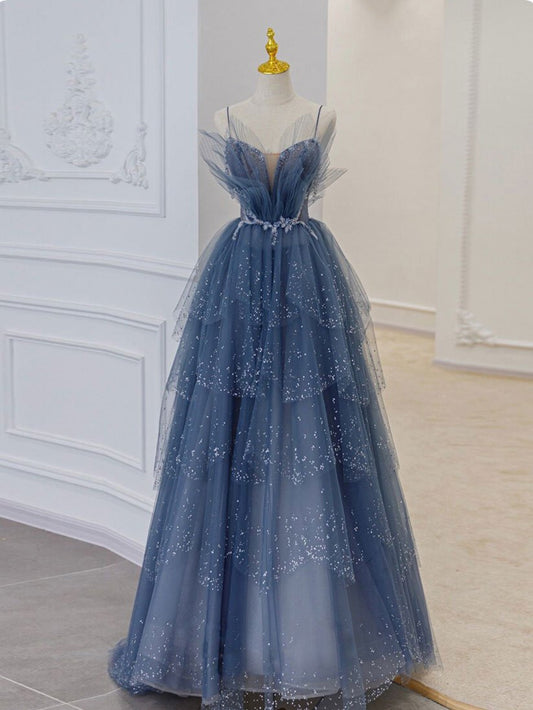 Gray blue tulle sequin beads long prom dress, blue evening dress BD13