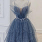 Gray blue tulle sequin beads long prom dress, blue evening dress BD13