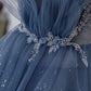 Robe de bal longue en tulle bleu gris et perles à paillettes, robe de soirée bleue BD13