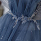 Gray blue tulle sequin beads long prom dress, blue evening dress BD13