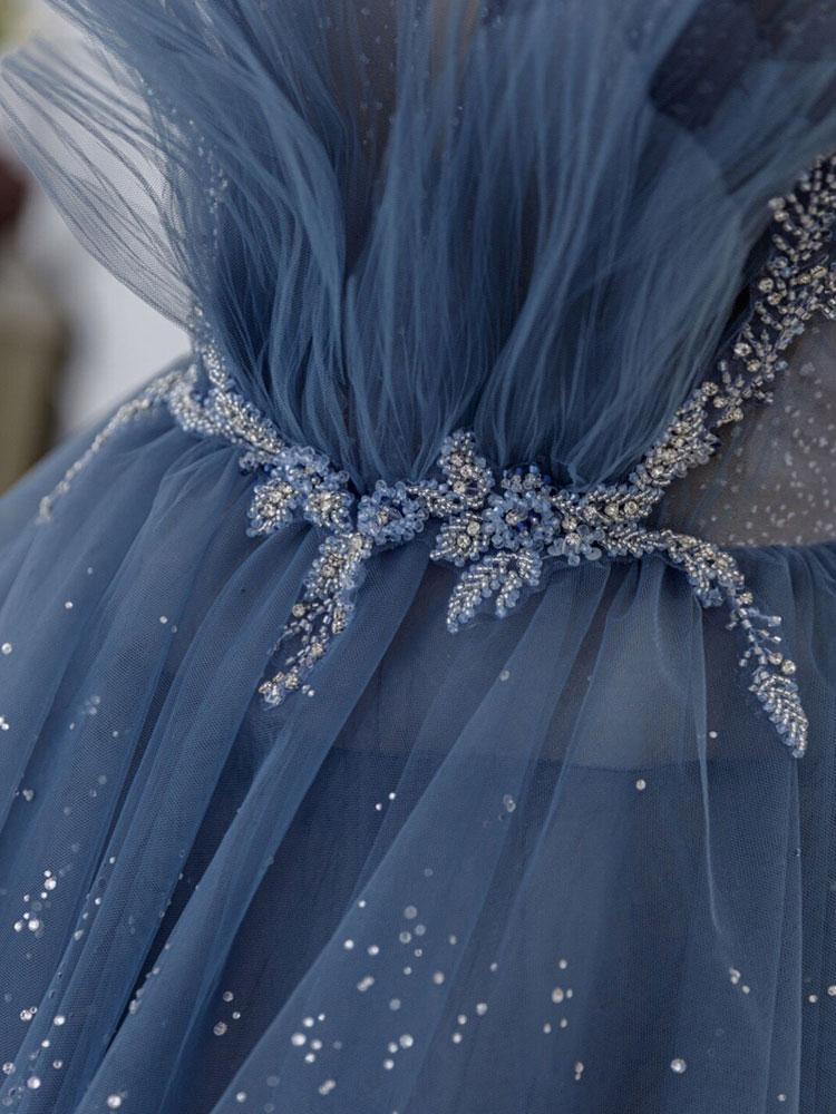 Gray blue tulle sequin beads long prom dress, blue evening dress BD13