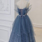 Gray blue tulle sequin beads long prom dress, blue evening dress BD13