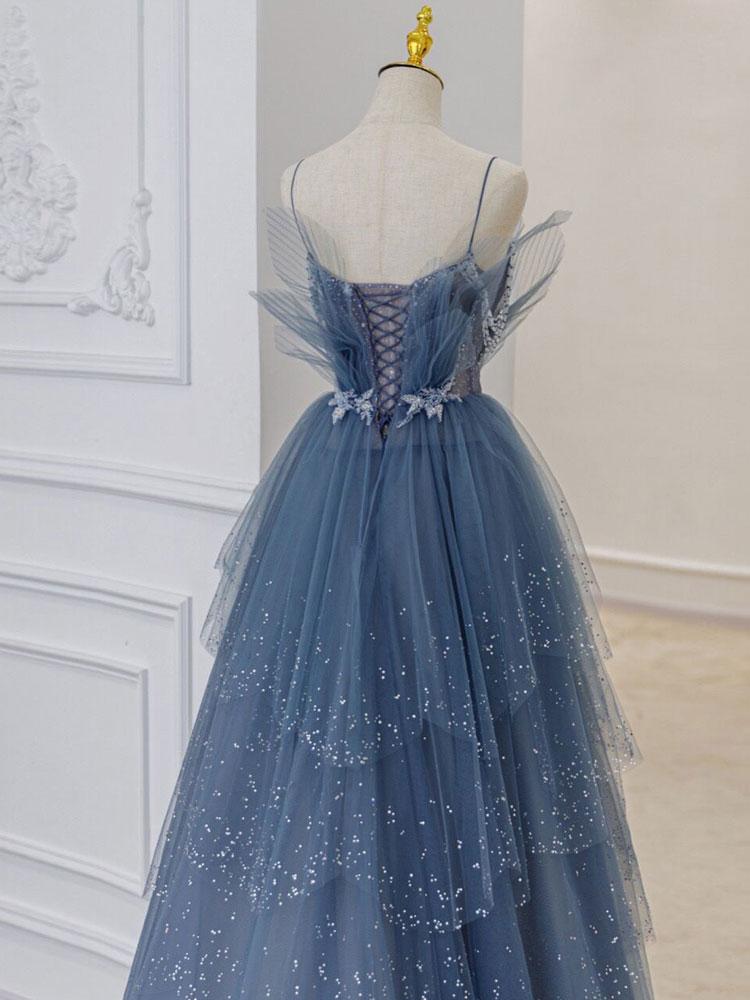 Gray blue tulle sequin beads long prom dress, blue evening dress BD13