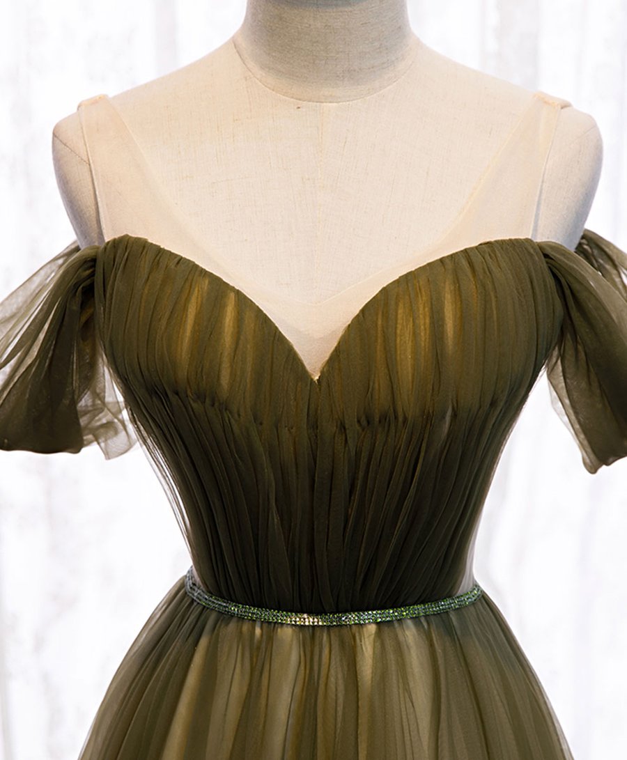 Simple green v neck tulle long prom dress green evening dress BD150