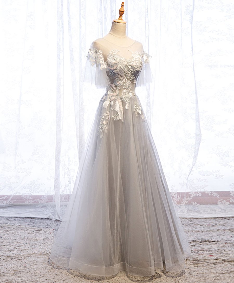Gray round neck tulle lace long prom dress gray tulle formal dress BD159