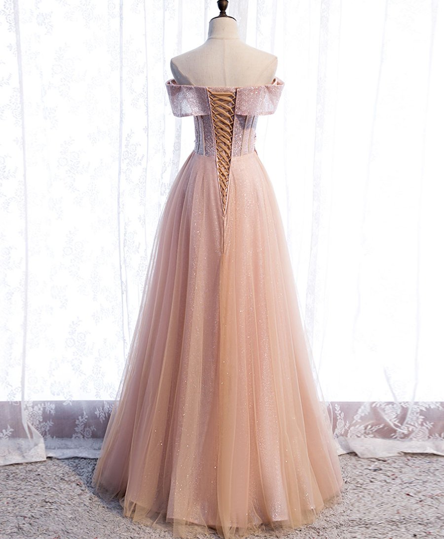 Pink tulle sequin long prom dress pink tulle formal dress BD158