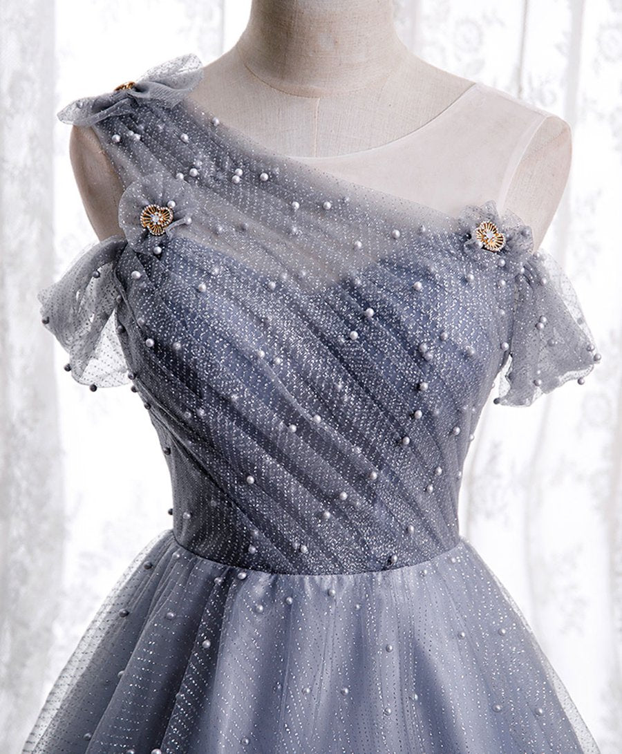 Gray one shoulder tulle long prom dress gray tulle evening dress BD64