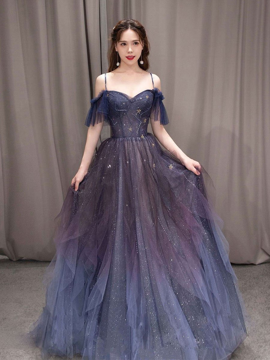 Robe de bal longue en tulle violet ciel étoilé foncé, robe de soirée violette BD19