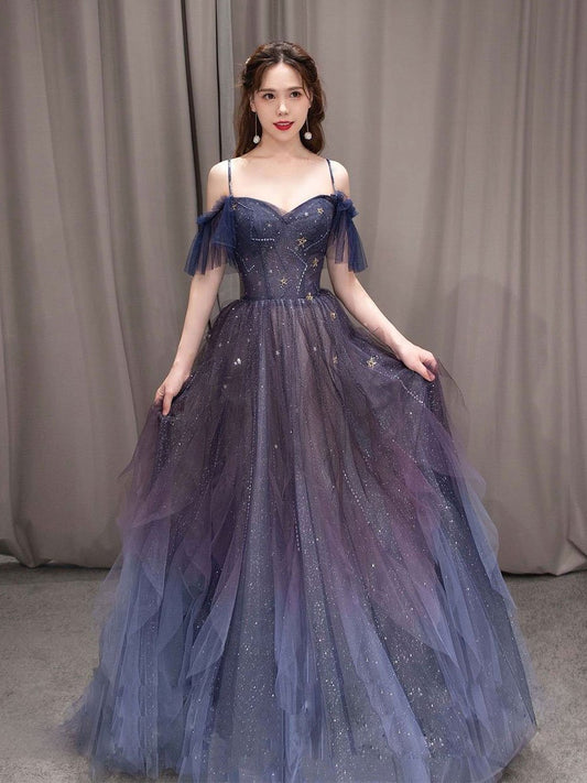 Dark starry sky purple tulle long prom dress purple evening dress BD19