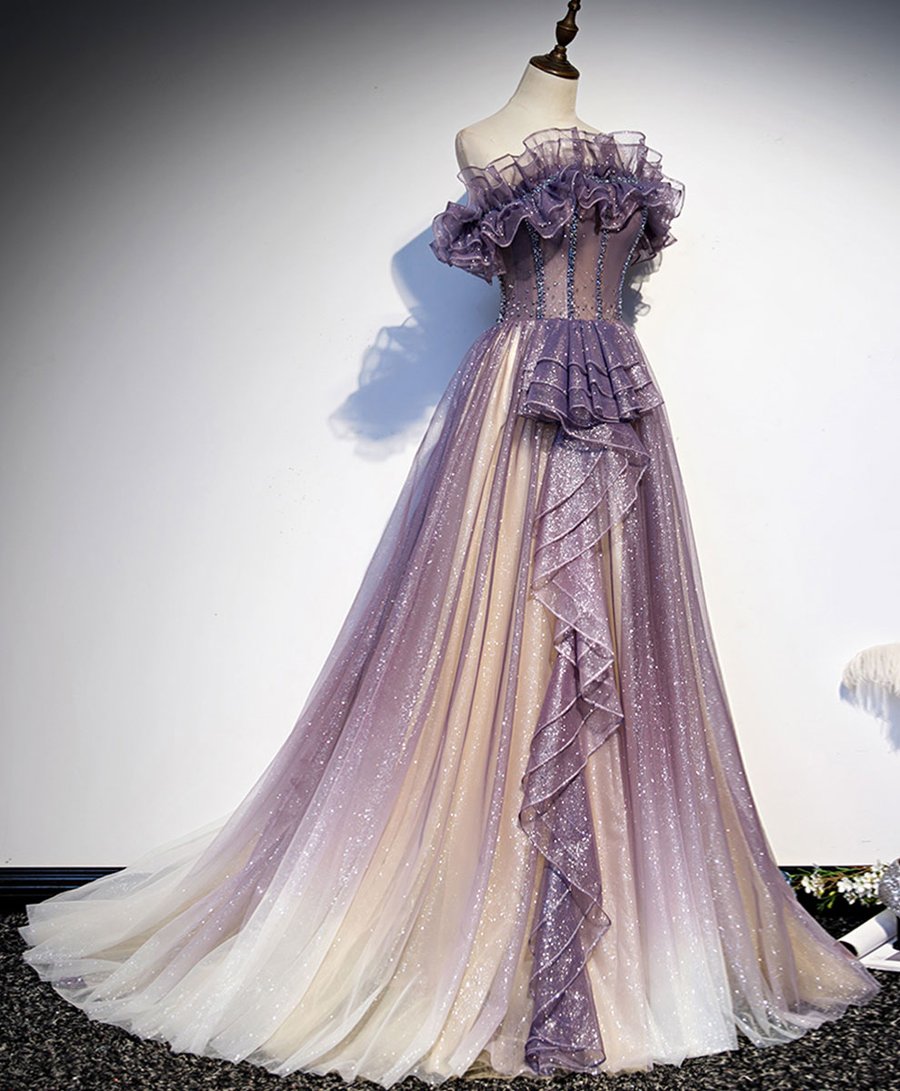 Purple tulle sequin long prom dress purple evening dress BD97