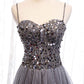 Gray sweetheart neck tulle sequin beads long prom dress BD65