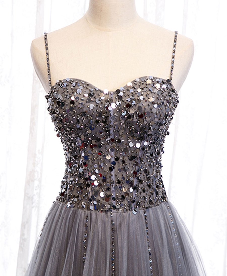 Gray sweetheart neck tulle sequin beads long prom dress BD65