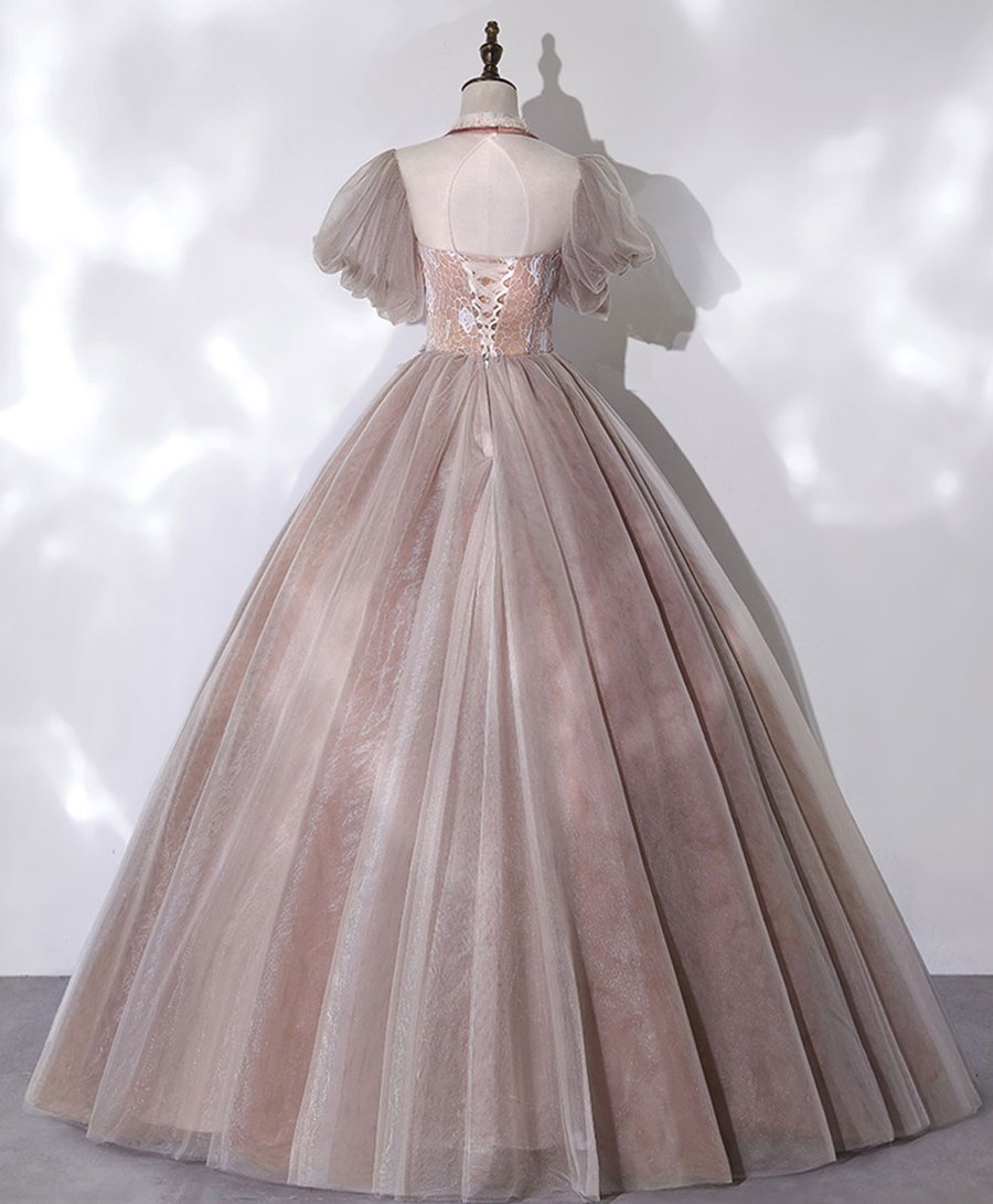 Pink tulle lace long prom dress pink lace prom gown BD54