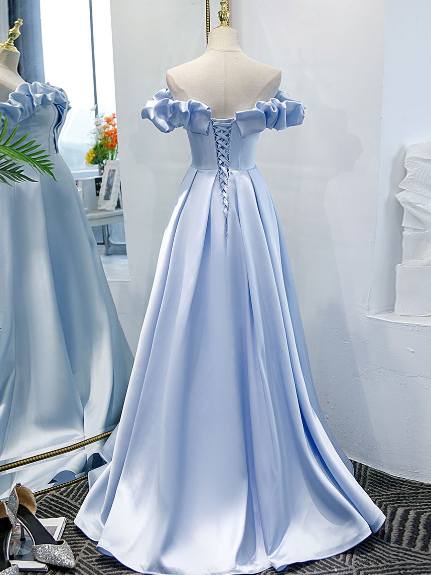 Simple blue off shoulder long prom dress, blue evening dress BD08
