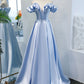 Robe de bal longue bleue simple à épaules dénudées, robe de soirée bleue BD08