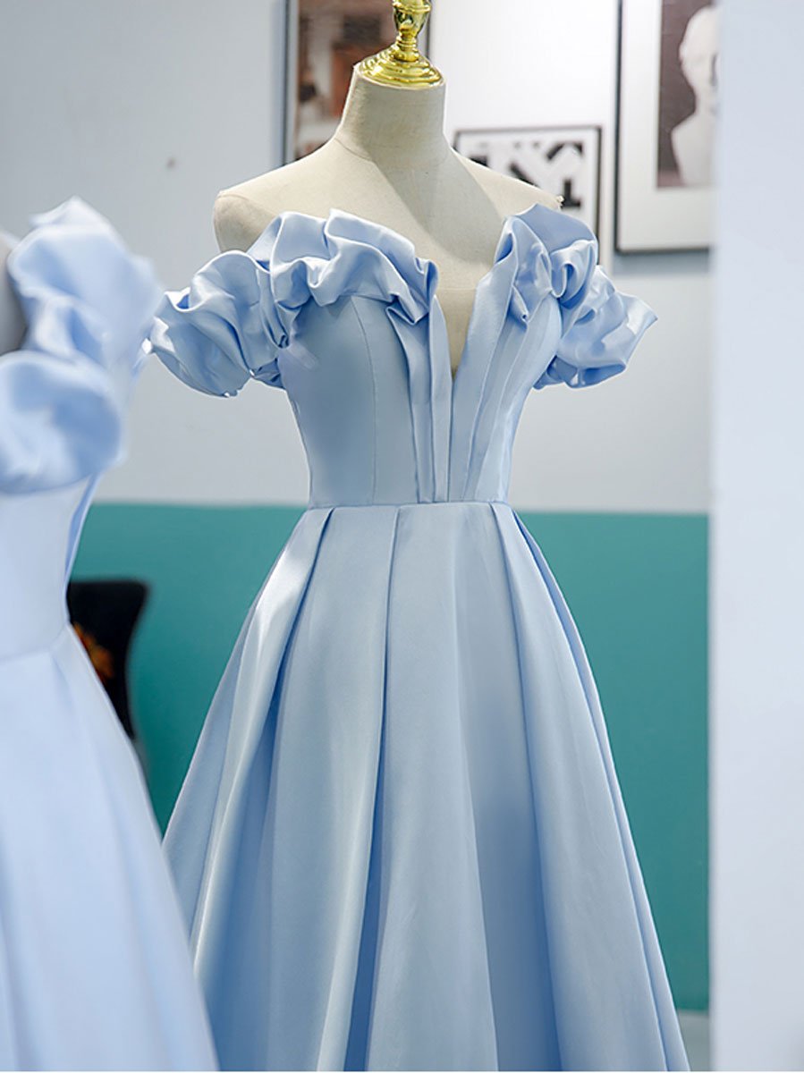 Simple blue off shoulder long prom dress, blue evening dress BD08