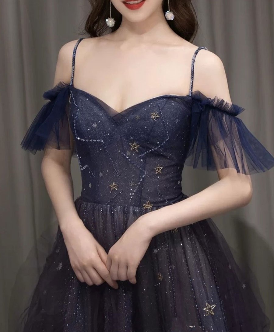 Robe de bal longue en tulle violet ciel étoilé foncé, robe de soirée violette BD19