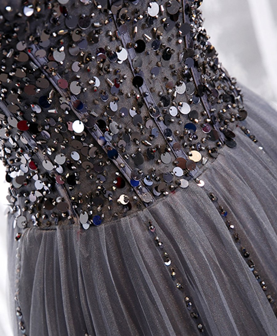 Gray sweetheart neck tulle sequin beads long prom dress BD65