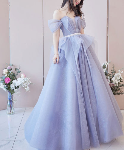 Purple tulle sequin long prom dress purple sequin evening dress BD41