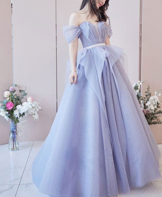 Purple tulle sequin long prom dress purple sequin evening dress BD41
