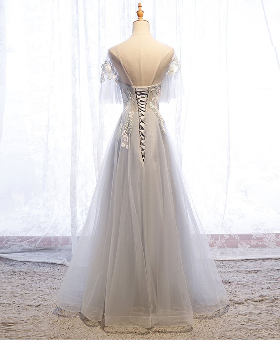 Gray round neck tulle lace long prom dress gray tulle formal dress BD159