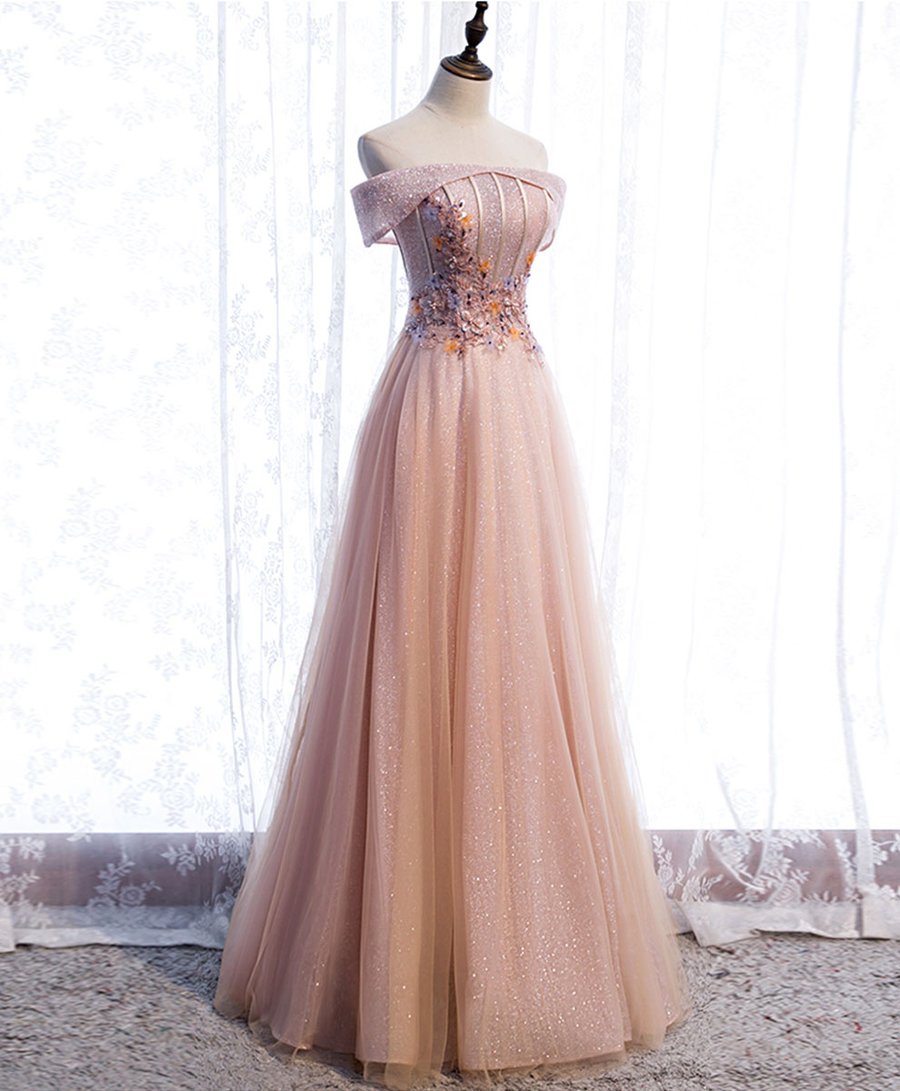 Pink tulle sequin long prom dress pink tulle formal dress BD158