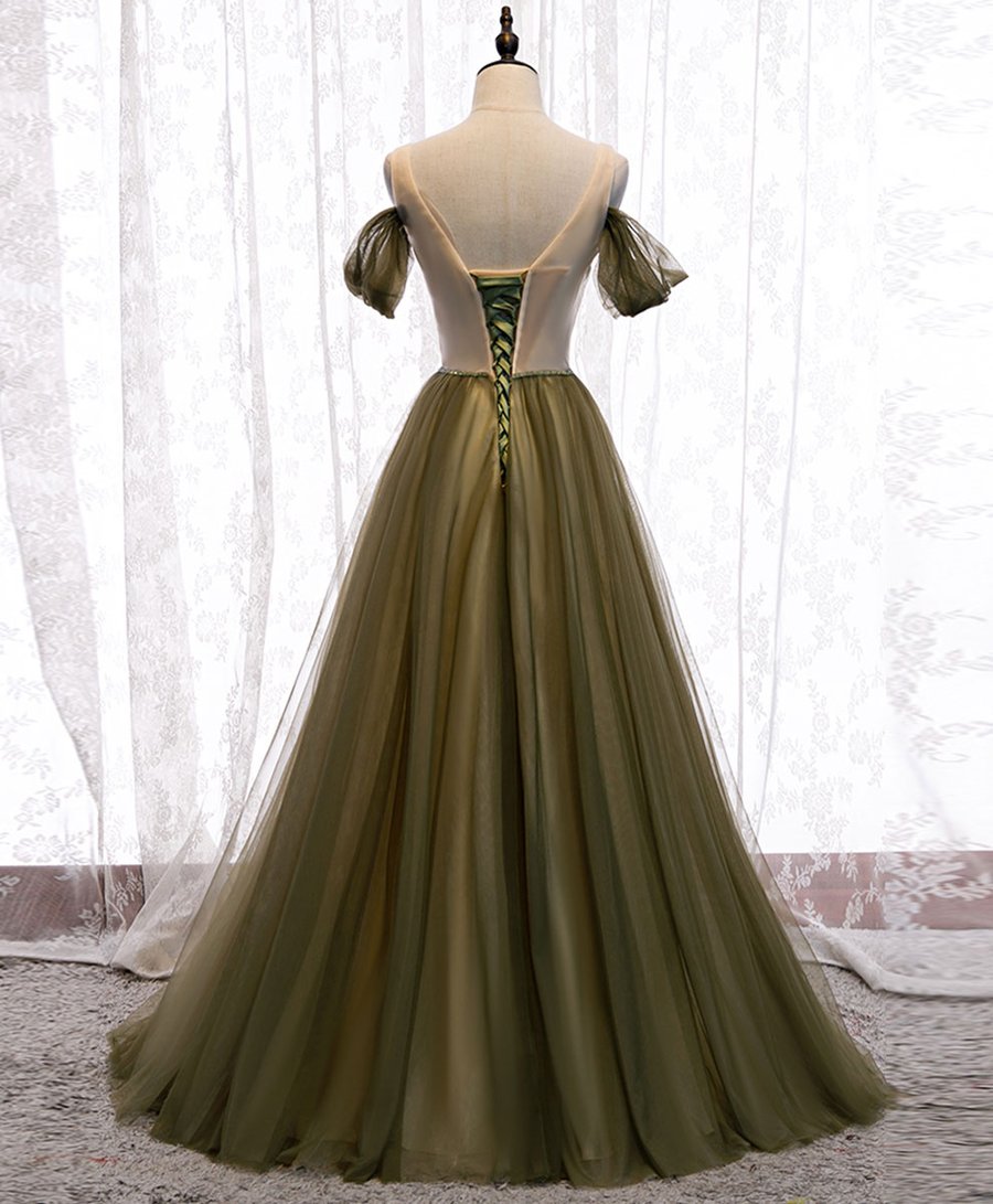 Simple green v neck tulle long prom dress green evening dress BD150