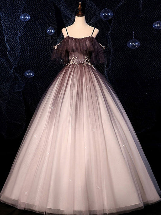 Coffee one shoulder tulle long prom gown, coffee tulle formal dress BD85