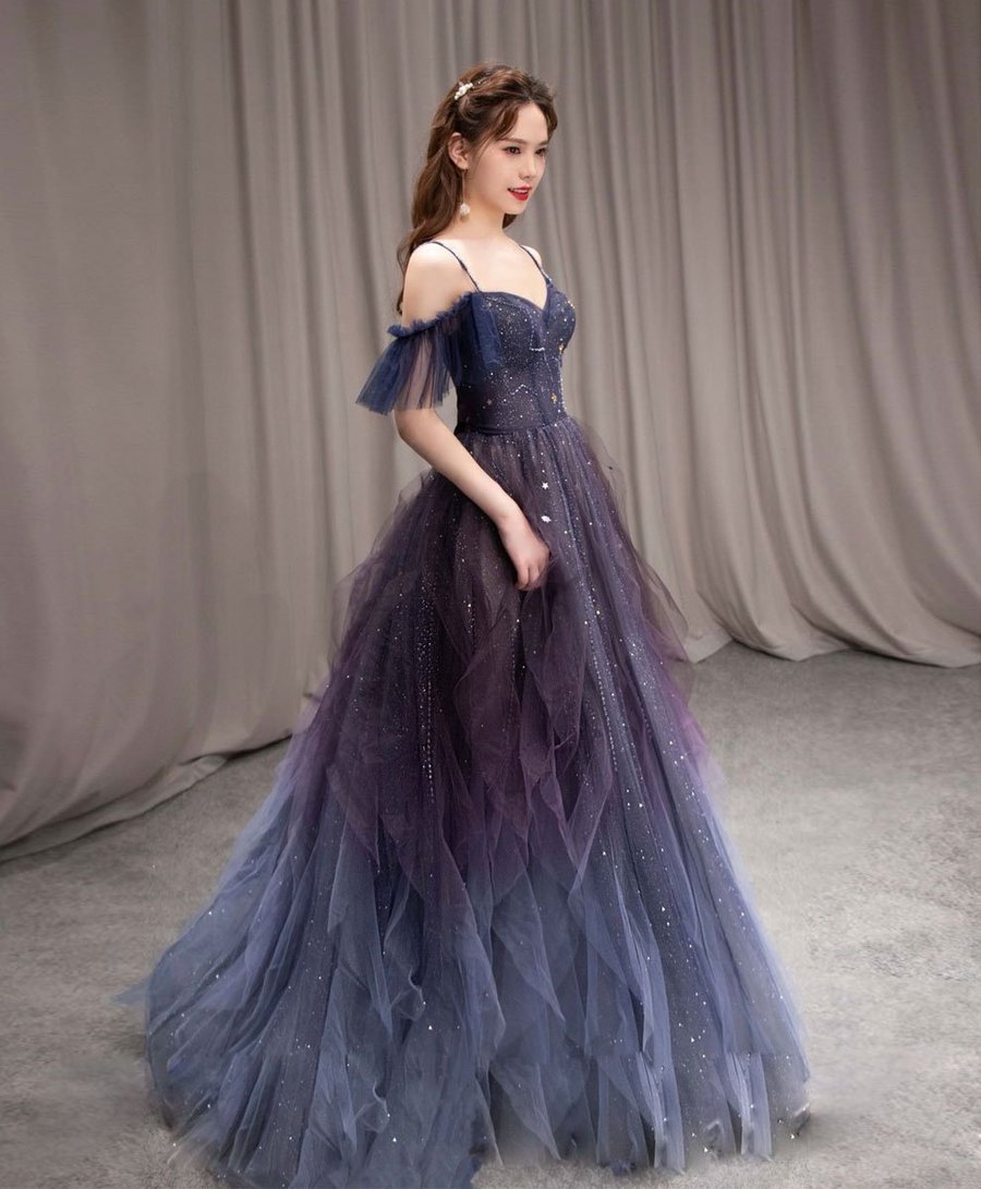 Robe de bal longue en tulle violet ciel étoilé foncé, robe de soirée violette BD19