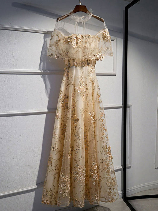 Champagne tulle lace long prom dress champagne formal dress BD83